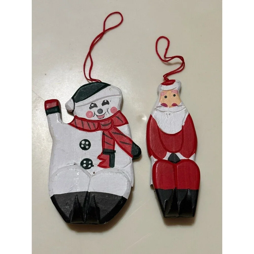 Wood Santa Snowman Shelf Sitters Ornaments Set of 2 Hand Painted Christmas